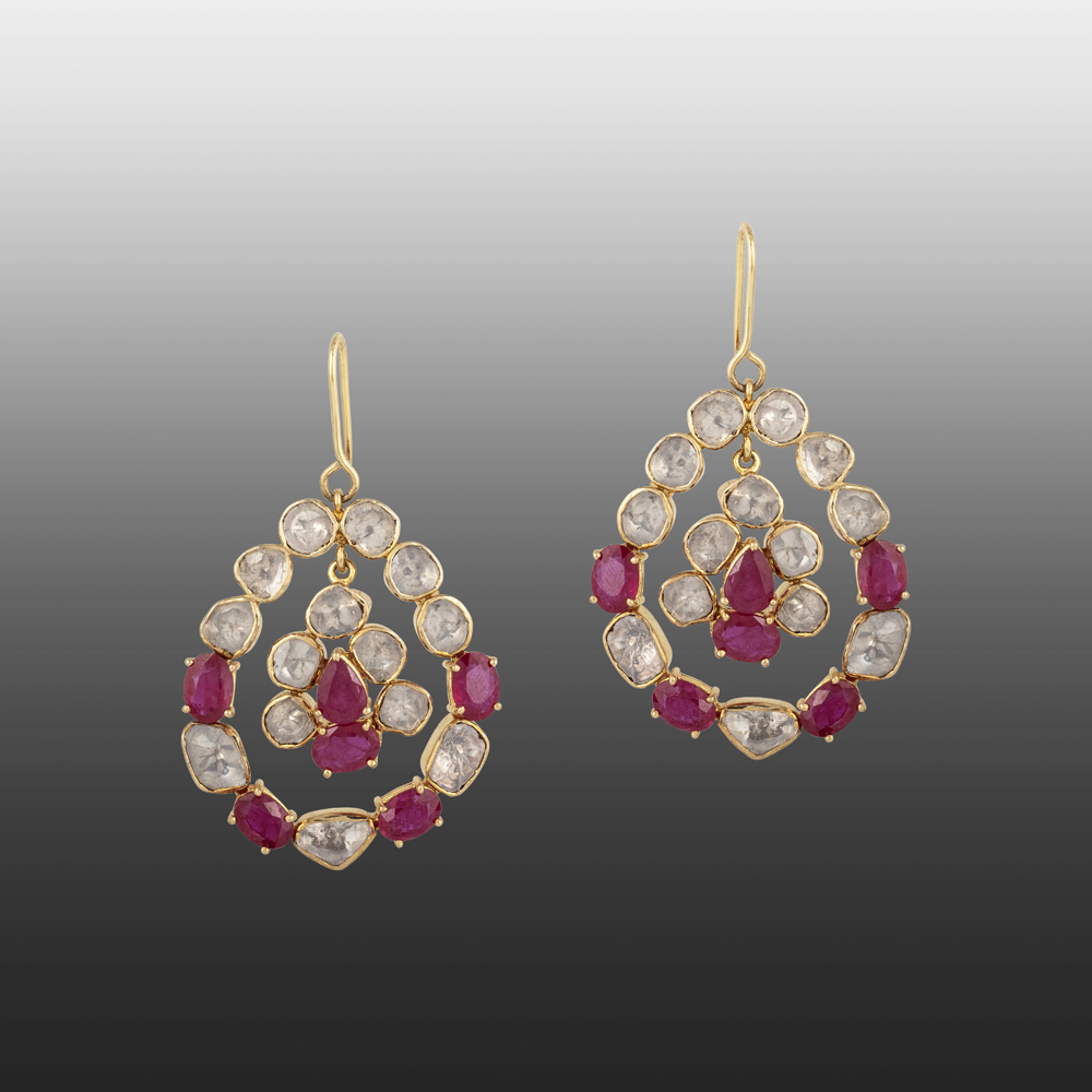 Earrings with Uncut Diamonds Polki & Ruby Teardrop